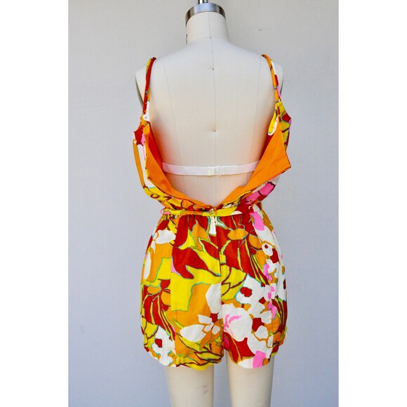 50s 60s Cotton Floral Swimsuit Romper One Piece Bathing Suit Colorful Floral S M - Picture 9 of 10